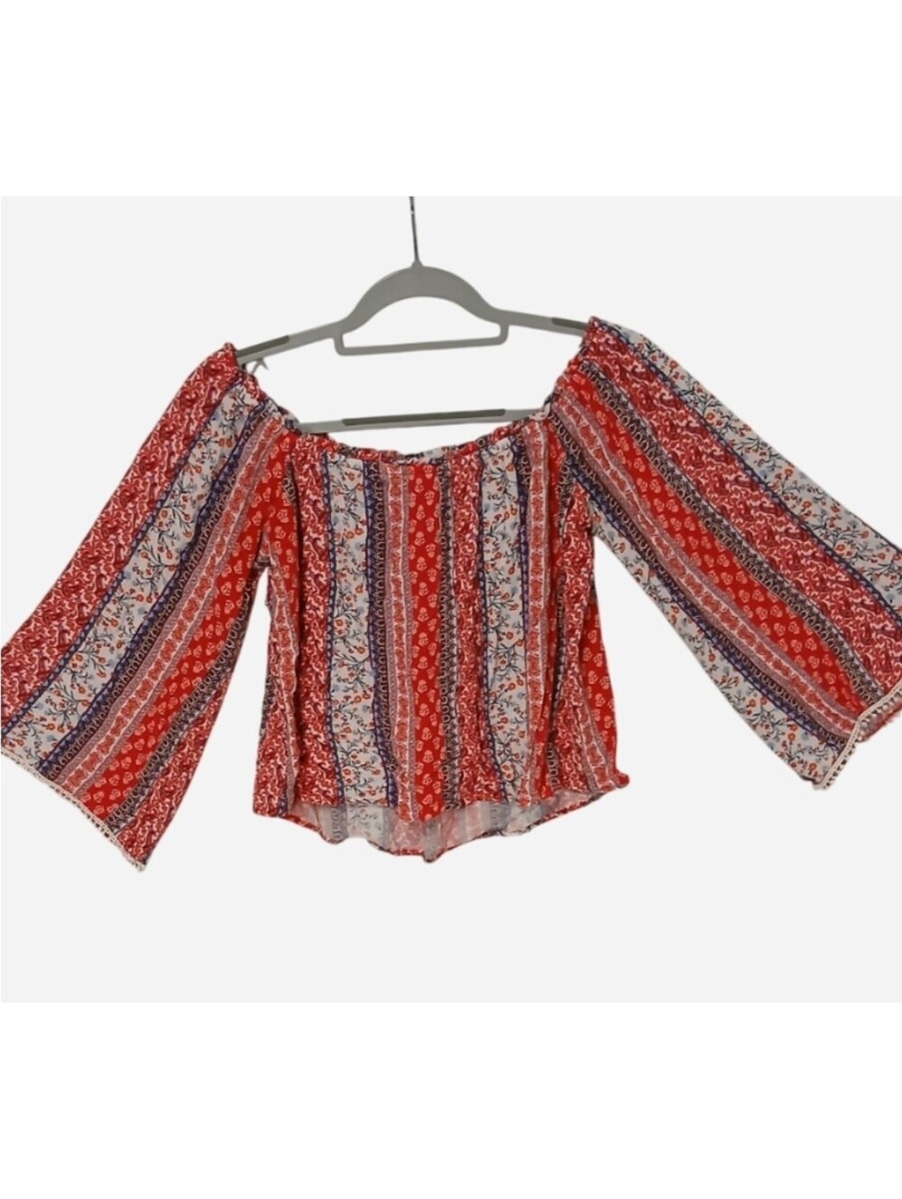 No Comment Red Boho Off Shoulder Bell Sleeve Blouse M Pom Pom Trim Fairycore